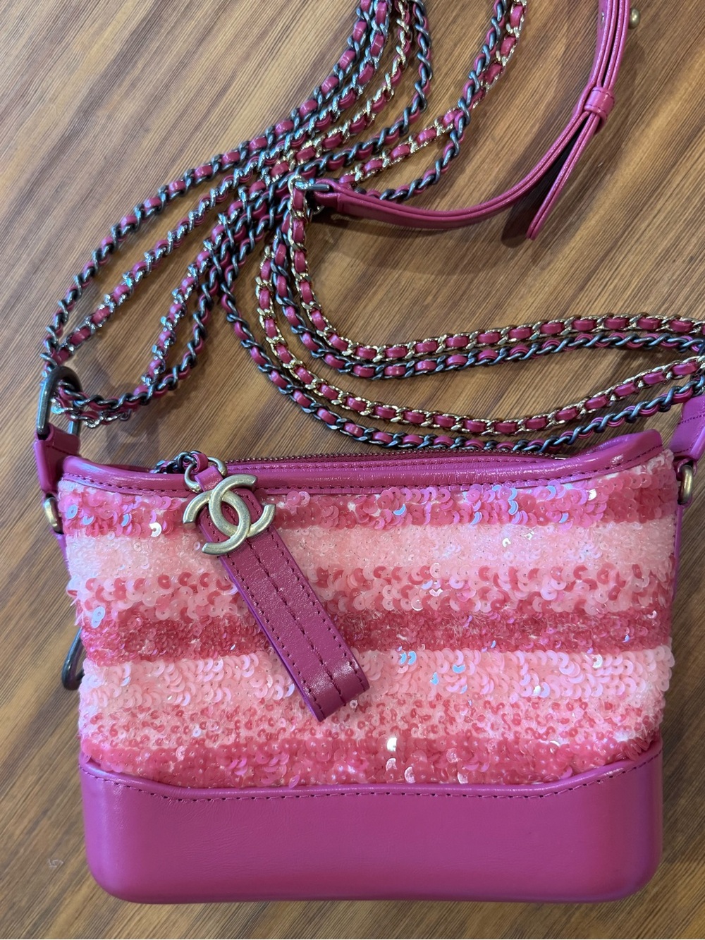 CHANEL Pink Sequin Striped Crossbody Bag